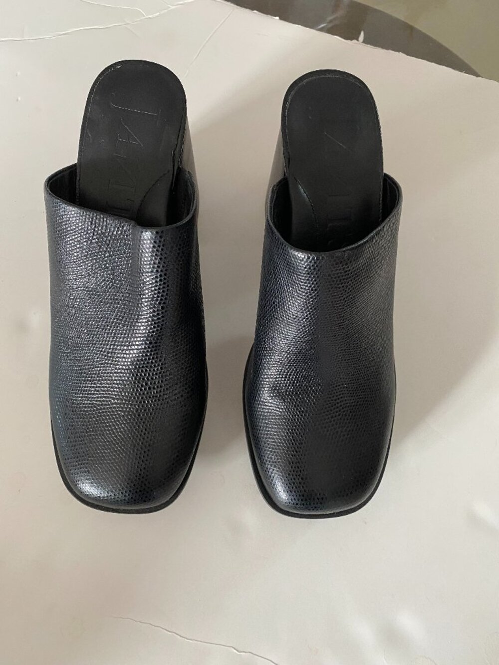 Eric Javits Mule Clogs 9 Black Leather Lizard Genevieve Heeled Non Skid - Picture 2 of 5